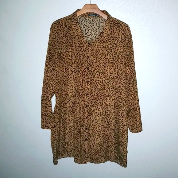 BooHoo 14 Shirt Dress Long Sleeved Tan Leopard Print Plus - Picture 1 of 10